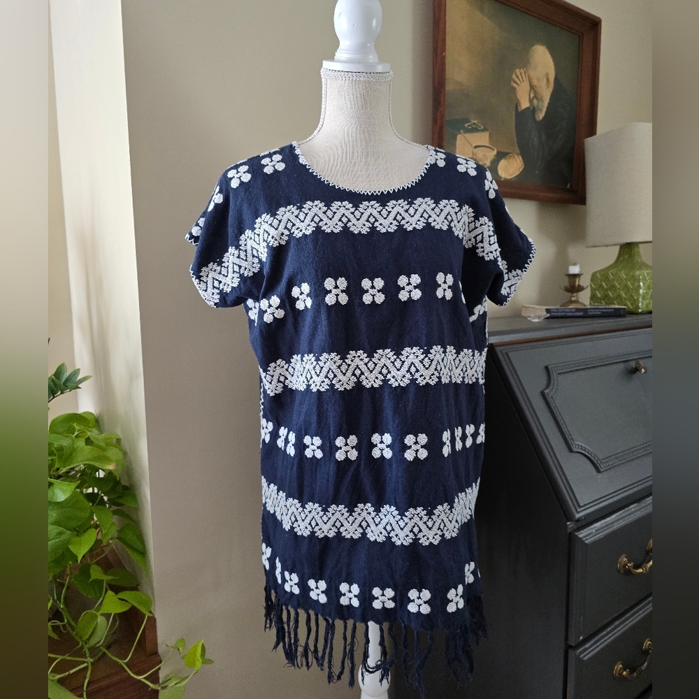 Rose and Rose women's cotton tunic poncho style top navy blue embroidered S/M